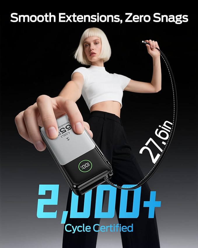 MOVE SPEED Portable Charger Laptop Power Bank 20000mAh 65W, Travel Essentials Battery Pack with Built-in Retractable USB-C Cable & Wall Plug, for MacBook/iPhone 17/16/15/iPad/Galaxy/Dell/HP and More