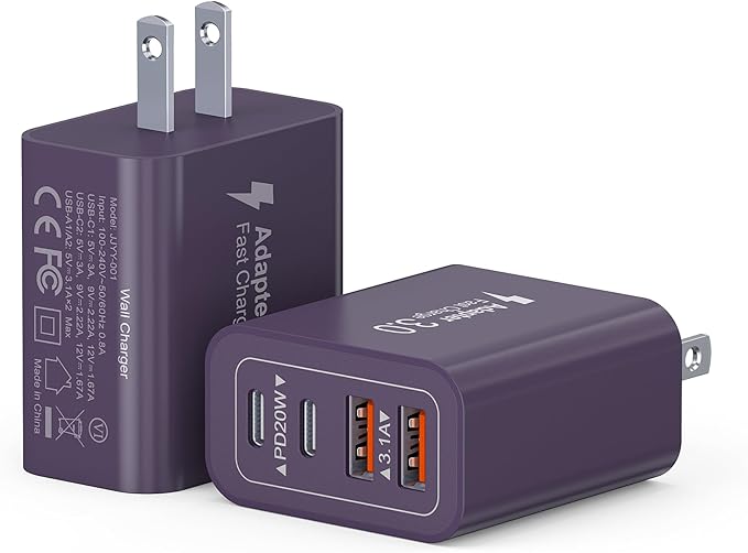 40W USB C Charger Block, 2-Pack 4-Port Type C Fast Charging Brick Dual PD&QC Wall Plug Adapter Power Brick for iPhone 13/14/15/16/17 Pro Max Plus/iPad/Airpods/iwatch/Samsung Galaxy (Purple)