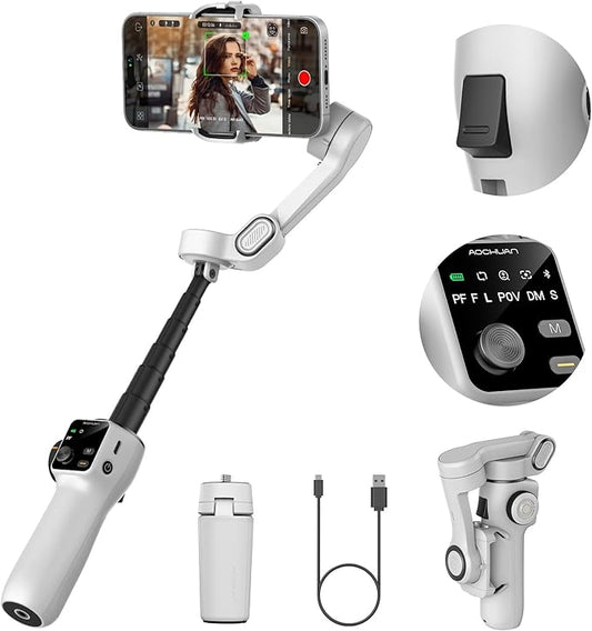 AOCHUAN Cellphone Gimbal for Video Recording w/AI Tracking,3 -axis Vlogging Gimbal stabilizer for iPhone w/OLED Display, Smartphone Holder w/7.8' Extension Rod, Trigger Button Smart V8(White)