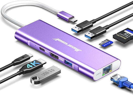 Hiearcool USB C Hub, USB-C Ethernet Dongle 4K@60Hz HDMI Multi-Port Adapter, USBC Docking Station Compatible for MacBook Dell HP Thunderbolt 3 4 Laptops-Purple