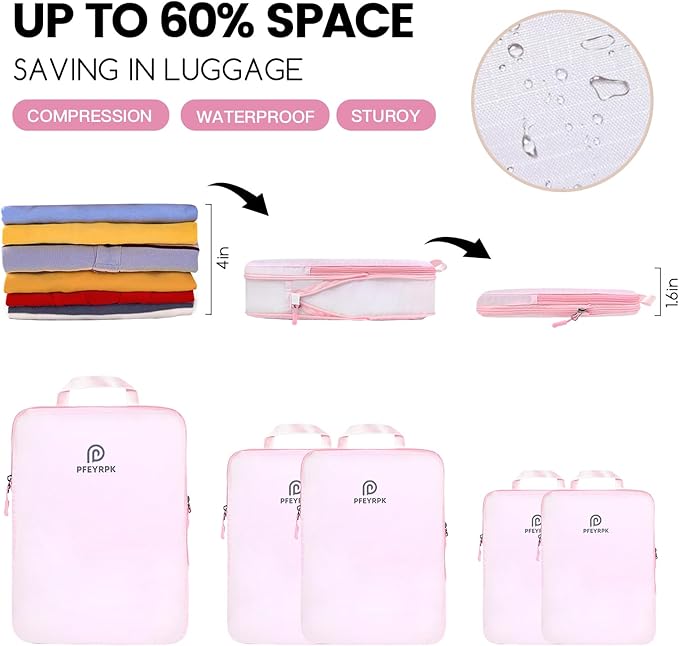 Lightweight Compression Packing Cubes for Suitcases, Compressible Expandable Travel Packing Organizer with Clear Toiletries and Backpack Bag, Travel Essentials for Carry on Luggage 7 Set