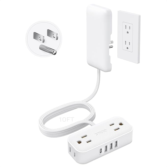 TROND Flat Plug Power Strip with Outlet Cover - 10ft Flat Extension Cord Outlet Extender Concealer with 4 AC 4 USB Ports, Fit Standard Size Wall Plate for Kitchen Home Office to Hide Messy, White