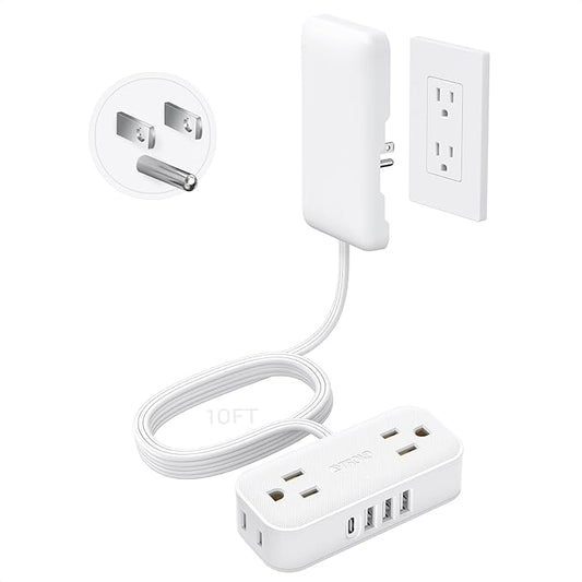 TROND Flat Plug Power Strip with Outlet Cover - 10ft Flat Extension Cord Outlet Extender Concealer with 4 AC 4 USB Ports, Fit Standard Size Wall Plate for Kitchen Home Office to Hide Messy, White
