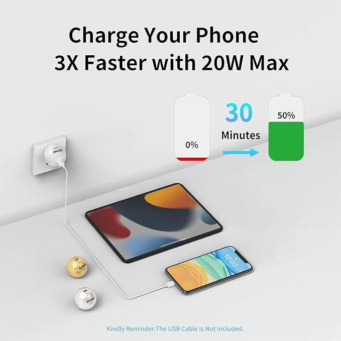 USB C Charger Block 20W，Creative Golf Ball Type C Wall Charger，GaN III Power Adapter with UL Certified，Fast Charging for iPhone 16/15 Series, Galaxy, Google Pixel,iPad,AirPods