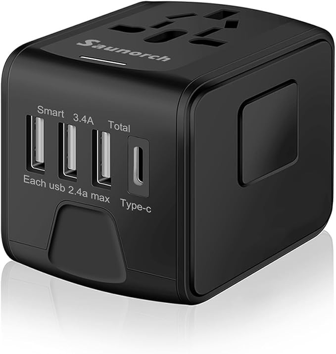 Universal International Travel Power Adapter W/High Speed 2.4A USB, 3.0A Type-C Wall Charger, European Adapter, Worldwide AC Outlet Plugs Adapters for Europe, UK, US, AU, Asia-Black