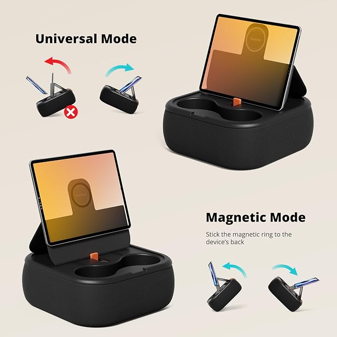 Magnetic Tablet Pillow Stand, Lap Tablet Holder with Two Magnetic Rings, Compatible with 4-13" Phones, Tablets, Kindle, Cozy Pillow Stand for Lap, Desk, Bed, Black