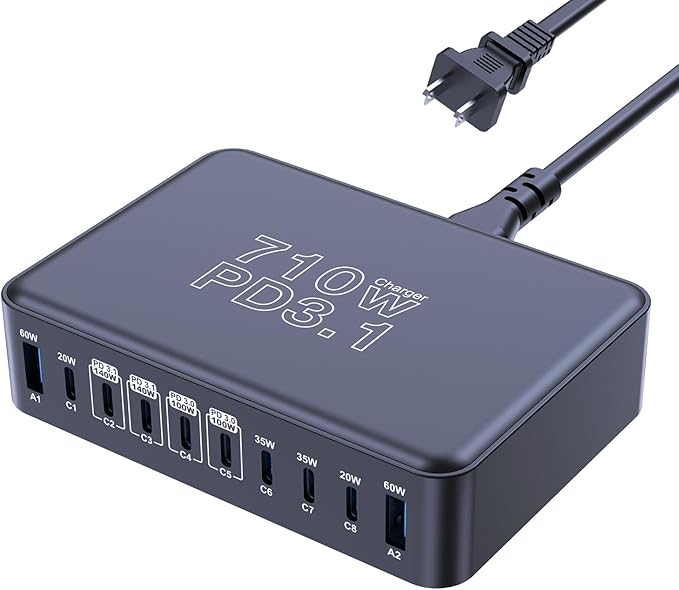 CHIPOFY 710W USB C Charger Block, 10 Port USB C Charging Station, Dual PD3.1 140W QC3.0 60W GaN Laptop Fast Wall Charger for MacBook Pro/Air, iPad, iPhone, Samsung Galaxy