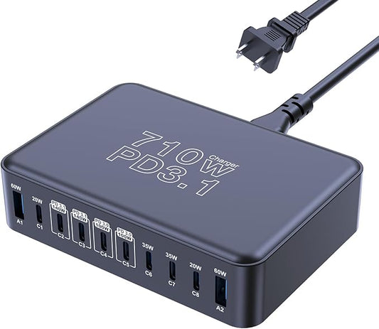 CHIPOFY 710W USB C Charger Block, 10 Port USB C Charging Station, Dual PD3.1 140W QC3.0 60W GaN Laptop Fast Wall Charger for MacBook Pro/Air, iPad, iPhone, Samsung Galaxy