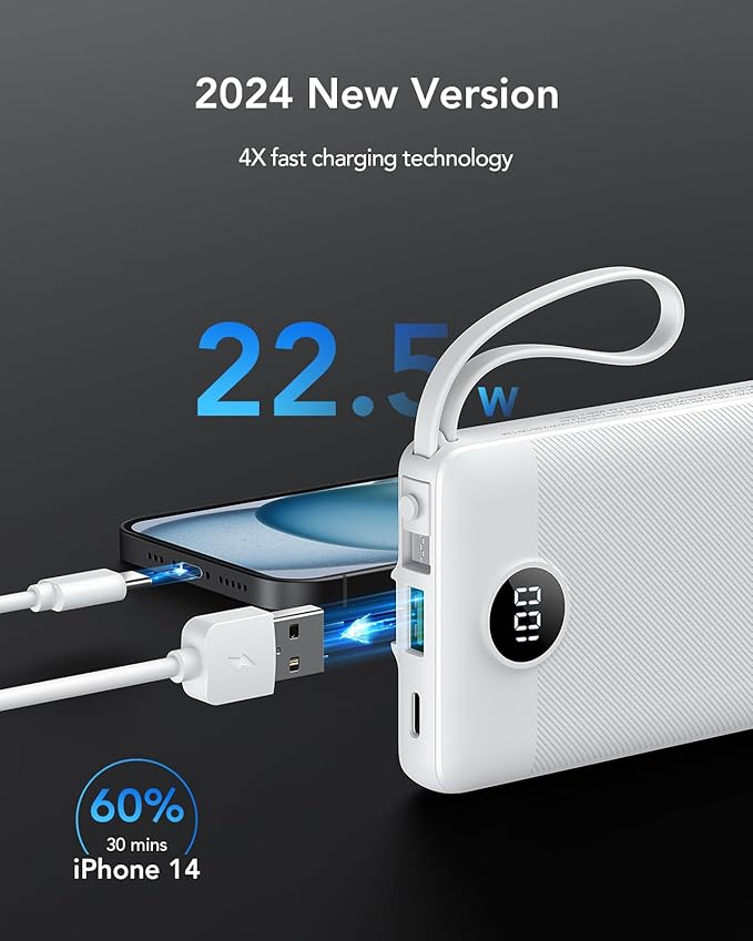 VRURC Portable Charger, 22.5W Power Bank 10000mAh, USB-C Cable in & Out Fast Charging Battery Pack, Compact Travel Essential 4 Outputs 3 Inputs for iPhone 16 15 14 13,Samsung, Android etc-White