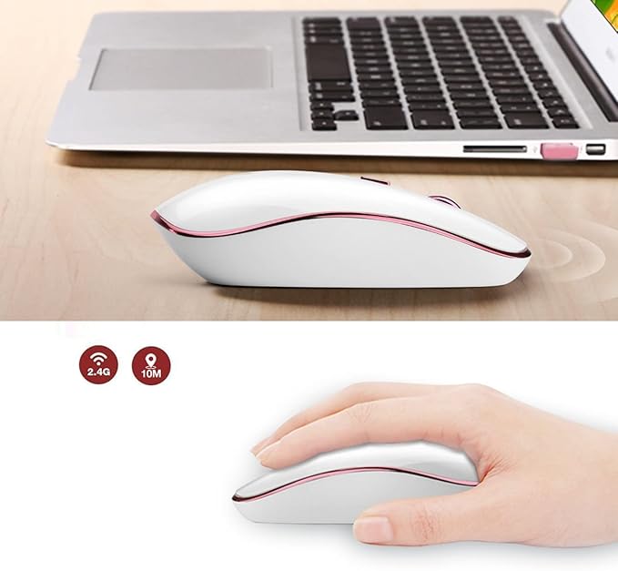 JOYACCESS Wireless Mouse for Laptop - Ultra Thin, Silent, 2400 DPI Portable Optical Mouse for Laptop,Computer,MacBook,Windows, Chromebook, PC (White + Pink)