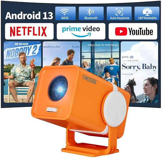 Dess Mini Projector,Portable projector can be powered by power bank,outdoor projector with Wifi6 and bluetooth,Movie projector,180° Rotatable, Auto Keystone Correction hometheater proyector,T1(Orange)