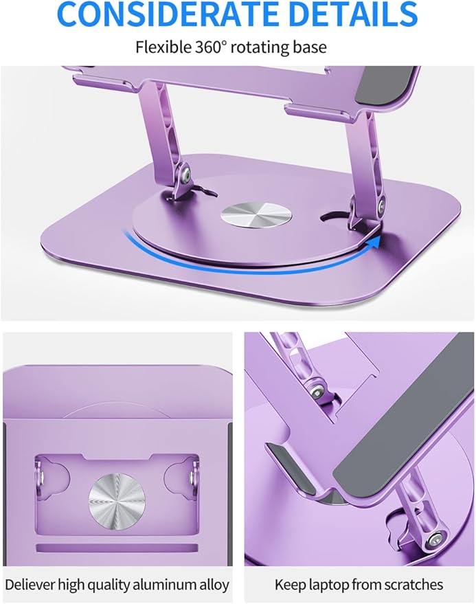 Adjustable Laptop Stand with 360 Rotating Base, Computer Ergonimic Foldable Laptop Riser for Desk Compatible with MacBook Pro/Air Notebook up to 16 Inches, Purple