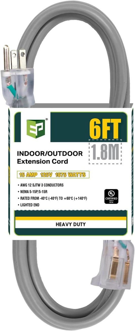 EP 6 Ft Lighted Outdoor Extension Cord - 12/3 SJTW Heavy Duty Grey Extension Cable with 3 Prong Grounded Plug - Power Cord for Lawn, Garden, Appliances
