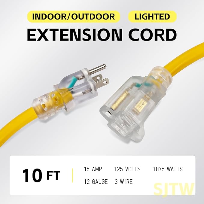 EP 10 ft Lighted Outdoor Extension Cord - 12/3 SJTW Heavy Duty Yellow Extension Cable with 3 Prong Grounded Plug - 15AMP Power Cord for Lawn, Garden, Appliances