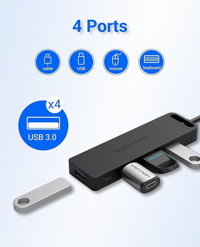 VENTION USB Hub 3.0 Splitter with 3FT Extension Long Cable 4-Port Ultra-Slim Multiport Expander for Desktop, PC, Laptop, Surface Pro, PS4, Flash Drive, Mobile HDD