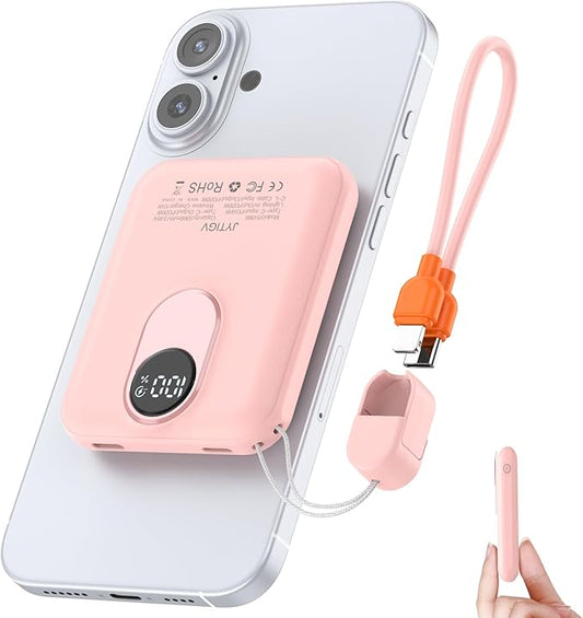 Small Magnetic Power Bank,5000mAh Mag-Safe Battery Pack with 20W Fast Charging Detachable USB C&iOS Cable,with LED Display,Slim Wireless Portable Charger for iPhone16/15/14/13/12 Series (Pink)