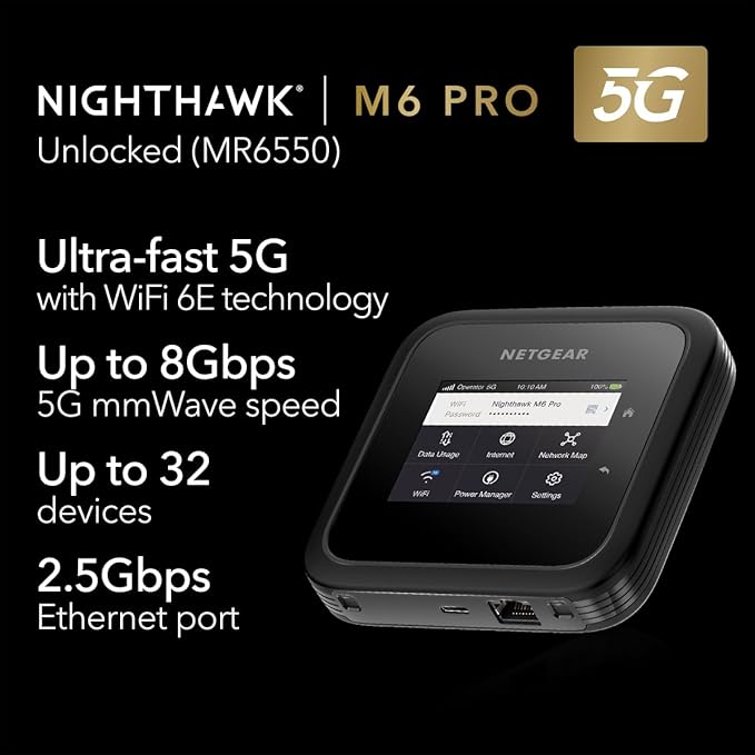NETGEAR Nighthawk M6 Pro Mobile Hotspot 5G mmWave, 8Gbps, Unlocked, AT&T, T-Mobile, Verizon International Roaming 125 Countries, WiFi 6E, Portable Device for Travel, Modem Wireless Router (MR6550)