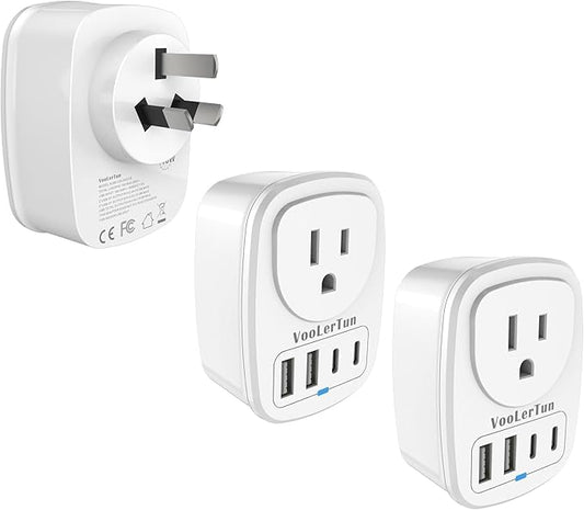 2 Packs Type I Australian Plug Adapter, VooLerTun Timor Argentina Travel Plug Adapter with 4 USB Charger Ports (2 USB C),1 American Outlet Adapter. US Converter for Australia Travel