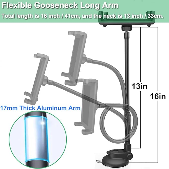 Car Truck Windshield Tablet Mount for 4-13" iPad Phone, Gooseneck 16" Long Arm Car Dashboard Holder with Lock Suction Cup & Anti Shake for iPad Pro 12.9 Air Mini, Galaxy Z Fold 4 3, Fire HD
