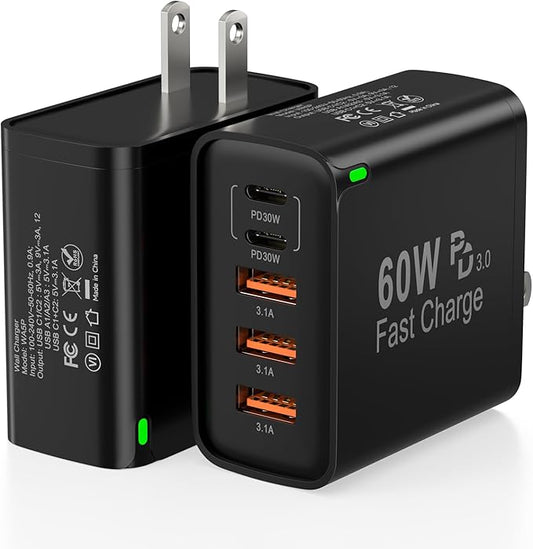 2Pack USB C Fast Charger Block, 60W 5-Port USB C Wall Charger 30W Type C Charging Block, 2USB C+3USB A PPS/PD 3.0 Multiport Charging Cube for iPhone 17 16 15 14 Pro Max,for Galaxy S25 S24 Ultra, i Pad