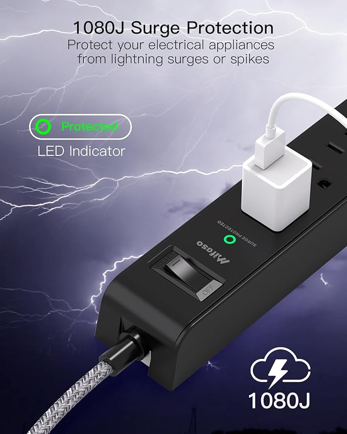 2 Pack Surge Protector Power Strip, 6 Outlets 4 USB Charging Ports, 12Ft Braided Extension Cord, Slim Flat Plug, Wall Mount, Desk Accessories, Home Office Essentials