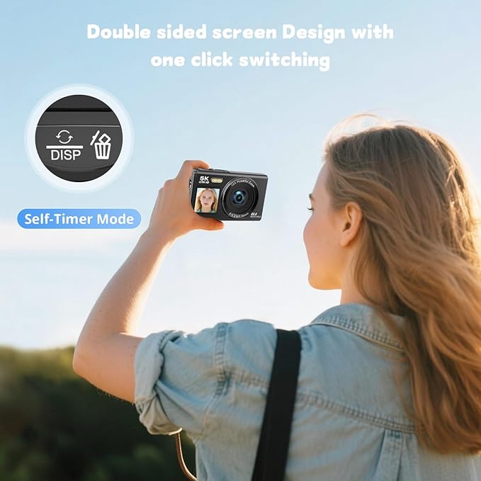 Dual Screen 5K Digital Camera for Vlogging with Fill Light - 80MP, 16X Zoom, WiFi, YouTube/Blogging, Includes 32GB Card & 2 Batteries (X9-Black)