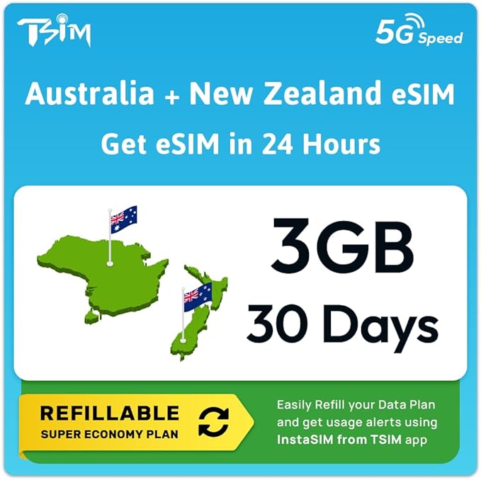 Australia New Zealand eSIM | 3GB Super Saver Refillable Plan! QR Code Sent via Email in 24Hrs - Scan & Use Immediately | Auto Activating 30 Day Validity | Hotspot | Data-Only No Phone Number
