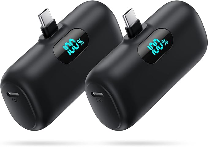 [2-Pack] Mini Portable Charger 5000mAh Power Bank,3A PD USB C Cell Phone Portable Power, LCD Display Battery Pack Compatible with iPhone 16/15/15 plus/15 pro/15 pro Max/Android/Samsung/Moto/LG etc