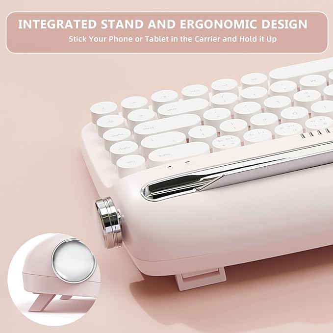 YUNZII Upgraded Wireless Typewriter Keyboard, Retro Aesthetic with Integrated Stand,Cute Round Keycaps, USB-C/Bluetooth Connection for Table, Phone, PC and Win/Mac/Android (B307, Baby Pink)