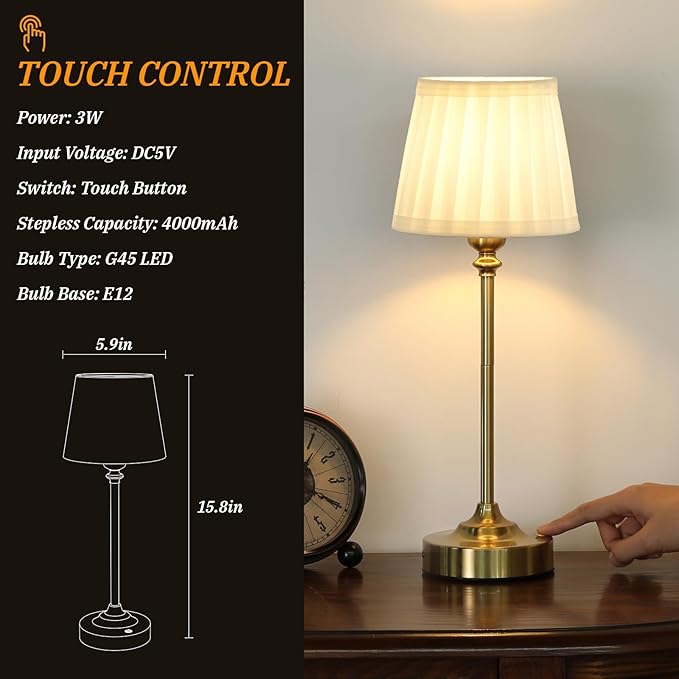 Cordless Table Lamps Rechargeable Set - 2 Pack Gold 4000mAH Battery Operated Lamps for Decor, 3000K Stepless Dimming Touch Wireless Lamp for Bedroom, Dining Table, Living Room, White Pleated Shade
