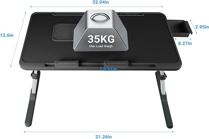 Laptop Lap Desk with Cooling Fan - Adjustable with Light, USB, Storage Drawer - Folding Bed Desk,22.04"*12.59",Black