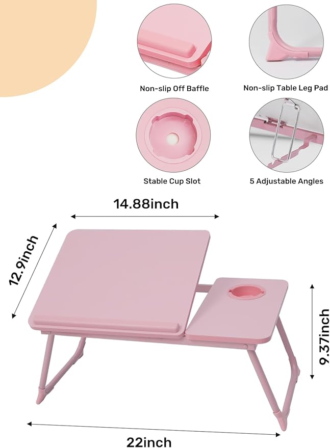 Lap Desk for Couch/Sofa/Floor, 5-Angle Adjustable Bed Desk with Foldable Legs &Cup Holder, Light Weight Bed Tray Table for Writing/Eating/Reading, Portable Laptop Stand for Adults, Kids