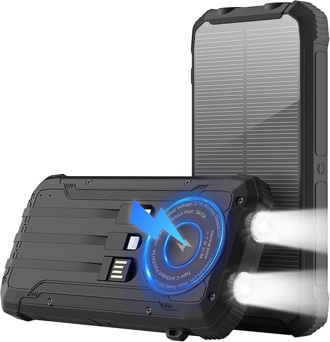 Solar Power Bank 20000mAh Wireless Portable Charger Built-in 3 Cables 15W USB-C Fast Charging Battery Pack Compatible with iPhone, Samsung, iPad, Emergency LED Flashlights Perfect for Camping, Hiking