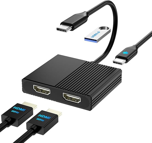 HDMI Splitter for Dual Monitors, 4K@60Hz USB C to Dual HDMI Adapter for Dell/HP/Mac Laptops with PD, USB3.0, Double HDTV Adapter for 2 Monitors, HDTV Splitter Extended Display, USB-C Hub Multiport