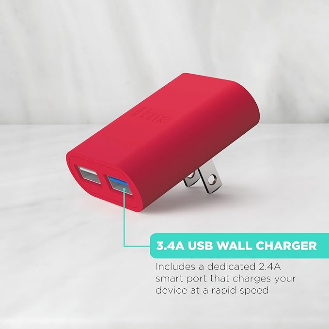 iHome 2-Port USB Wall Charger, AC Pro Multiport Plug Adapter, Phone Charging Block with Dual Ports, Flat Wall Adapter for Home & Travel