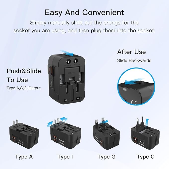 Universal Travel Adapter - 1 USB-C & 1 USB-A Fast Charging Travel Charger, Worldwide Plug Adapter for EU UK USA AU, Black
