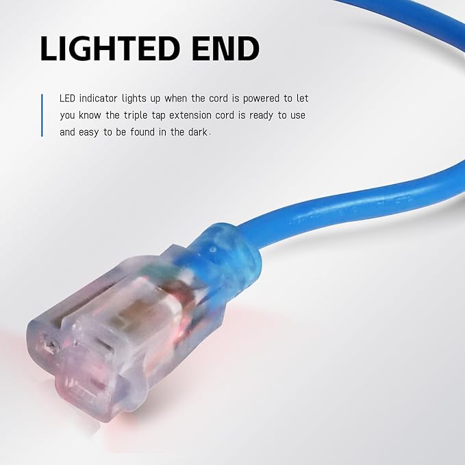 EP 50Ft Outdoor Extension Cord, 12/3 SJTW Heavy Duty Waterproof Power Cable, 3 Prong Grounded Plug, Lighted End, for Lawn, Garden, Appliances, Blue
