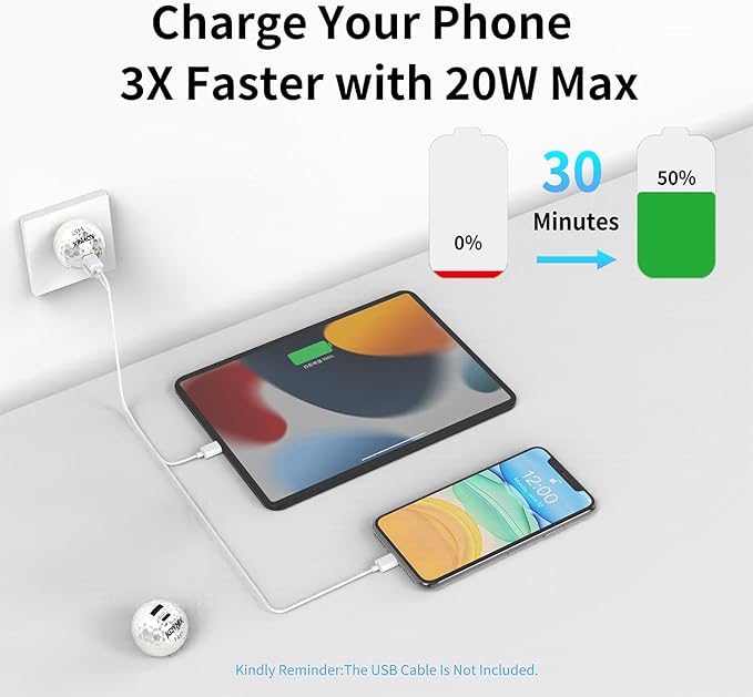 20W Dual Port Creative Golf Ball Charger Block， GaN III Power Adapter Fast Wall Charger with UL Certified, Fast Charging for iPhone 16/16 Pro/16 Pro Max/16 Plus/15/14/13/12, Galaxy, iPad, Airpods