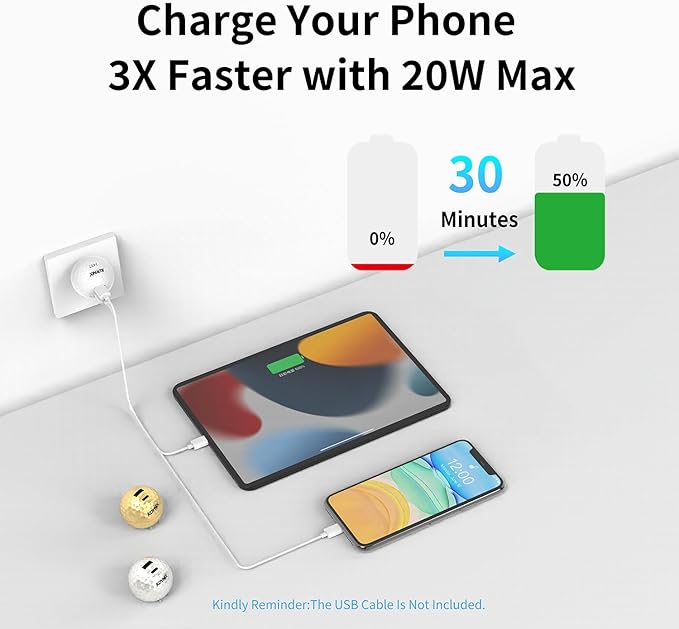 20W Dual Port Creative Golf Ball Charger Block， GaN III Power Adapter Fast Wall Charger with UL Certified, Fast Charging for iPhone 16/16 Pro/16 Pro Max/16 Plus/15/14/13/12, Galaxy, iPad, AirPods