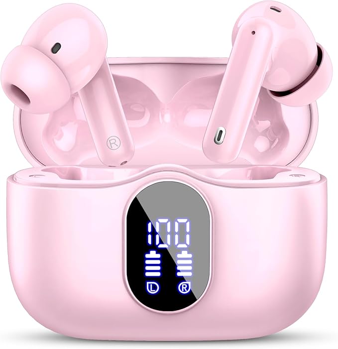 Wireless Earbuds, Bluetooth 5.4 Headphones Bass Stereo, Ear Buds with Noise Cancelling Mic, LED Display in Ear Earphones Clear Calls, IP7 Waterproof Bluetooth Earbuds for Laptop/Phones/Sports, Pink