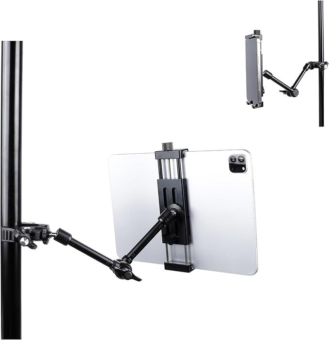 All-Aluminium tablet Holder Bike Handlebar Mount Clamp for Stationary Bicycle Spin Bike Stroller, Tablet Holder for Microphone Stand and Mic Music Stand, Compatible with iPad, iPhone, 4.7-15" Devices