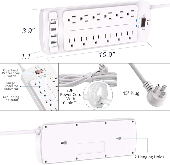 Power Strip, Tcstei Surge Protector with 12 Outlets and 4 USB Ports, 20 Feet Extension Cord (1875W/15A) for Home, Office, Dorm Essentials, 2700 Joules, ETL Listed, White