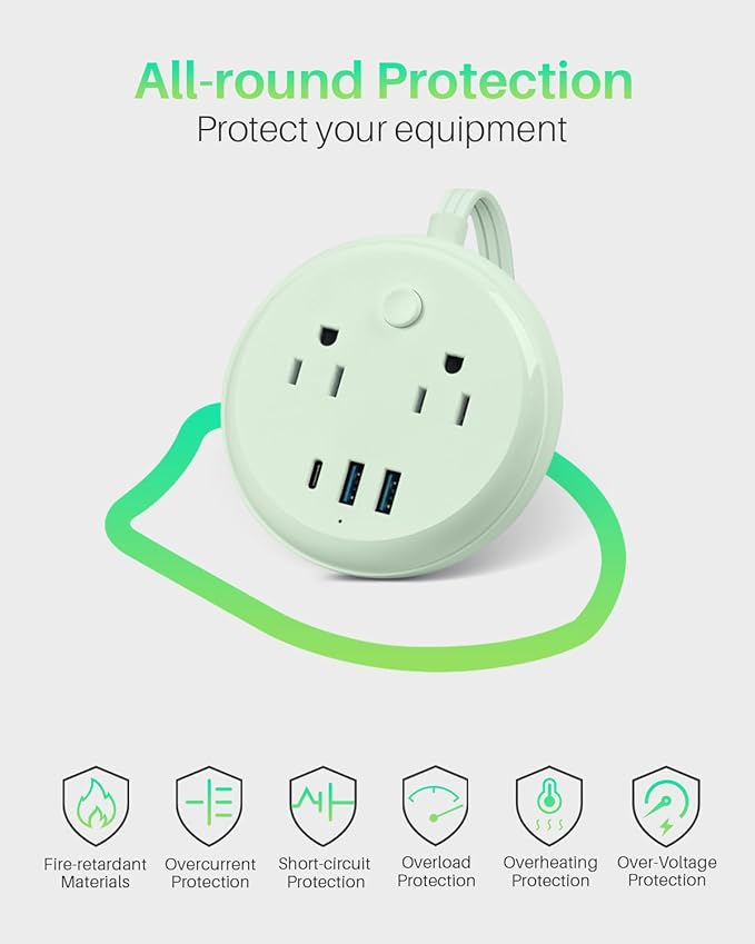 Flat Plug Power Strip with USB C Ports, KOOSLA Travel Extension Cord No Surge Protection - 2 Outlets 3 USB Ports(1250W) - Cruise Essentials for Cruise Ship, Home, Office, Dorm Room, 5ft