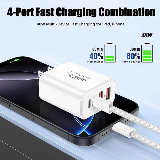 iPhone 17 16 Charger,4-Port USB C Charger Block Fast Charging 2Pack 40W Wall Charger with 10FT USB C to C Woven Braid Cable Cord for iPhone 17 Pro Max/17 Pro/17/Air/16e/16 Pro Max/16 Plus/15/iPad