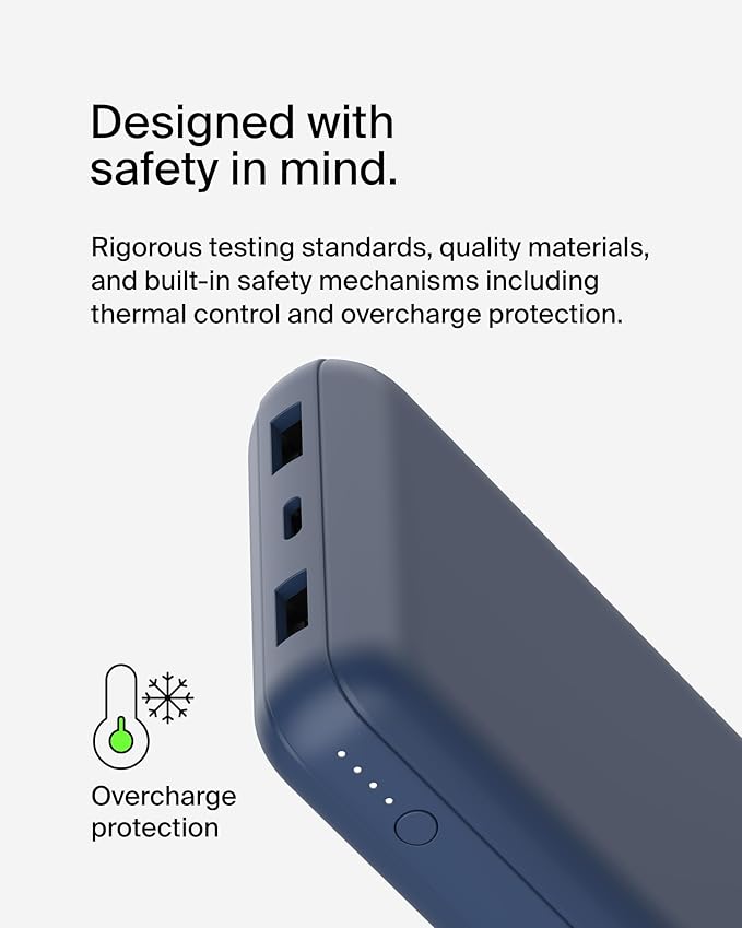 Belkin Portable Charger, USB C Power Bank 20000 mAh w/ 2 USB-A Ports, 15W w/ Type-A to Type-C Cable for iPhone 17, Air, Pro, Pro Max, Samsung Galaxy S25, S24, Google Pixel 10, iPad, etc. - Blue