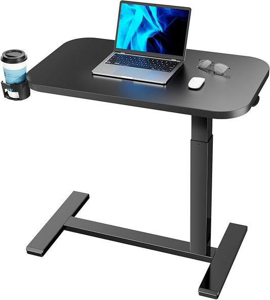 HUANUO Bedside Table with Wheels, Height-Adjustable Rolling Computer Cart, Overbed Table with Cup Holder, Pneumatic Laptop Standing Desk for Home Office, Black (31.5" x 17.7")