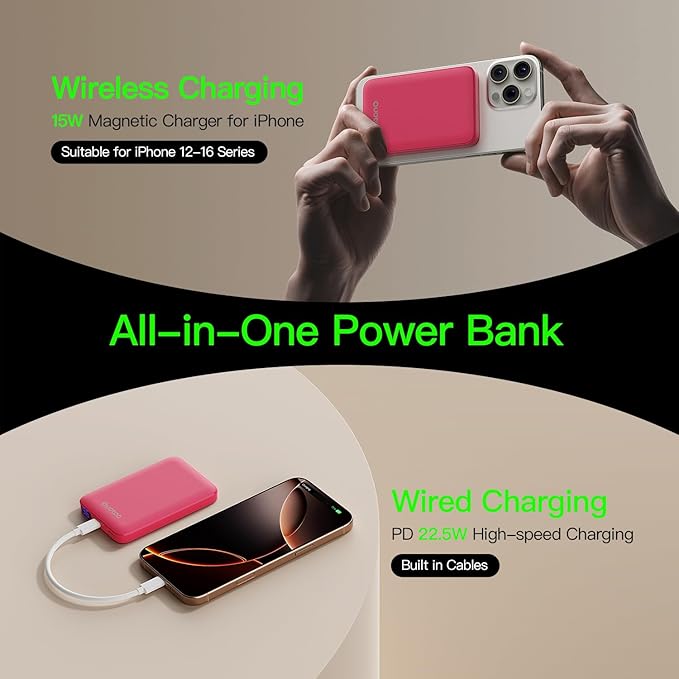 2025 Magnetic 15W Power Bank for iPhone,5000mAh Magsafe Battery Pack with 20w Fast Charging,Slim Magsafe Power Bank in&Out,with LED Display,Wireless Portable Charger for iPhone 16/15/14/13/12 Series