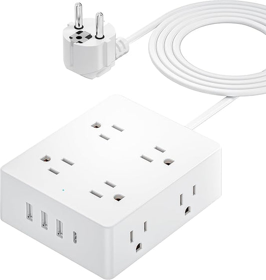 European Travel Plug Adapter, Olcorife US to Europe Type E/F Plug Adapter, International Power Strip with 8 Outlets and 4 USB(1 USB-C), 5 FT Cord for Germany France Iceland Spain