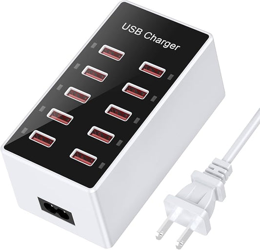 Cell Phone Wall Charger USB Charging Station for Multiple Devices 10 Ports Power Strip Charging Hub Smart Plug Charge Block Dock for iPhone 15/14/13/iPad iPod Galaxy Watches Android Phones