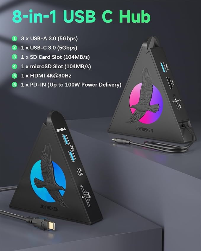 Vertical USB Hub Tower, 8-in-1 USBC Hub with HDMI 4K@30Hz, 100W PD, 5Gbps USB-C & 3xUSB-A, SD&TF Slots, RGB Gaming Hub Compatible with MacBook, iPad, iPhone16, XPS, Surface & Type-C Laptops.